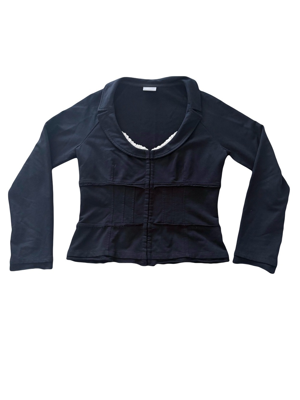 STEFANEL Italy Women's L Black Cotton Knit Corset Jacket Hook & Eye VTG 90s